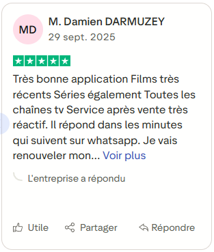 Avis client sur une application de streaming fluide et un support client réactif, avec une expérience utilisateur positive.